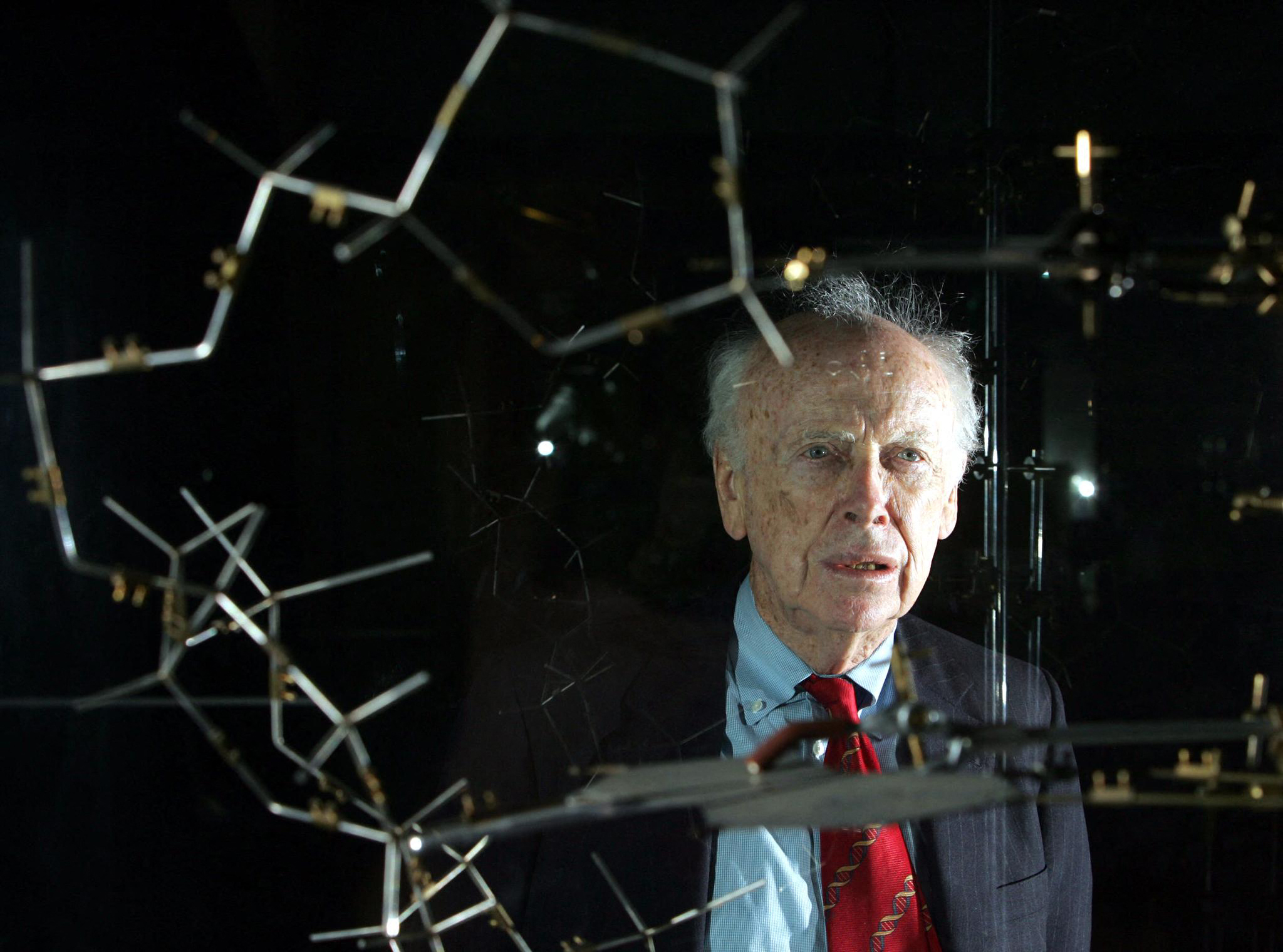 File Photo - Dr. James Watson poses with the original DNA model ahead of a press conference at the Science museum in London, May 20, 2005.